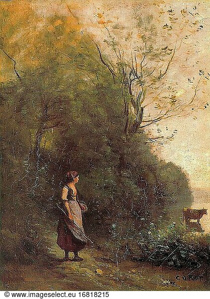 Corot Jean Baptiste Camille - Campesina Con Una Vaca Pastando Al Borde Del Bosque - French School - 19th Century.