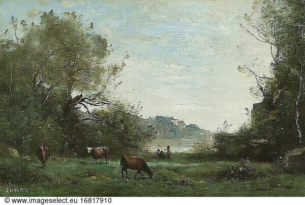 Corot Jean Baptiste Camille - Cattle at Pasture in a Wooded Valley - French School - 19th Century.