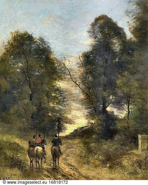 Corot Jean Baptiste Camille - Cavaliers Gaulois Dans Un Paysage - French School - 19th Century.