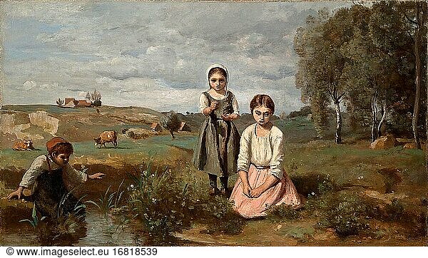 Corot Jean Baptiste Camille - Children at the Edge of a Stream in the Countryside Lormes - French School - 19th Century.