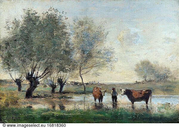 Corot Jean Baptiste Camille - Cows in a Marshy Landscape - French School - 19th Century.