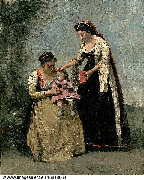 Corot Jean Baptiste Camille - Deux Femmes Jouant Avec Un Enfant - French School - 19th Century.