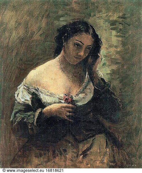 Corot Jean Baptiste Camille - Die Frau Mit Der Rose - French School - 19th Century.