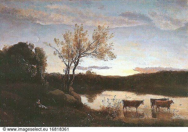 Corot Jean Baptiste Camille - Etang with Three Cows and a Crescent Moon - French School - 19th Century.
