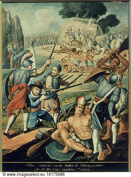 Cortes’ victory over Tabasco Indians / Painting  18th century