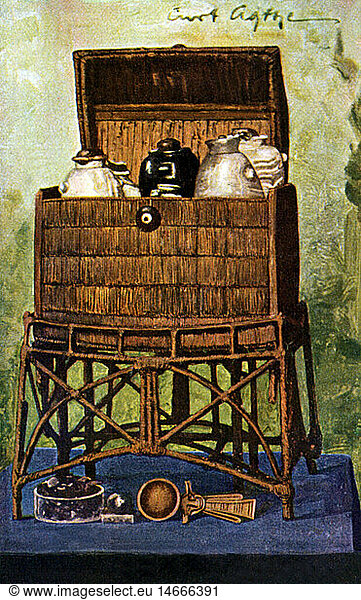 cosmetics  toilet case of an Egyptian queen  watercolour  from: Velhagen and Klasings monthly magazines  Leipzig  late 19th century  graphic  graphics  ancient world  ancient times  Egyptian  beauty  beauty care  make-up  paint  body care product  cosmetics  cosmetic  toilet case  toilet cases  watercolour  watercolor  historic  historical  ancient world _NOT