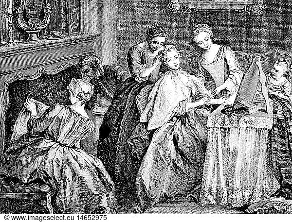 cosmetics  toilet of a lady  after painting by Jean-Baptiste Pater (1695 - 1736)  copper engraving  France  18th century  18th century  graphic  graphics  beauty care  half length  sitting  sit  make-up table  dressing table  make-up tables  dressing tables  mirror  mirrors  cape  capes  hair  hair style  hairstyle  hairdo  haircut  hair styles  hairstyles  haircuts  hair care  maidservant  make oneself up  making up  make up  Jean - Baptiste  cosmetics  cosmetic  lady  ladies  historic  historical  woman  women  female  people
