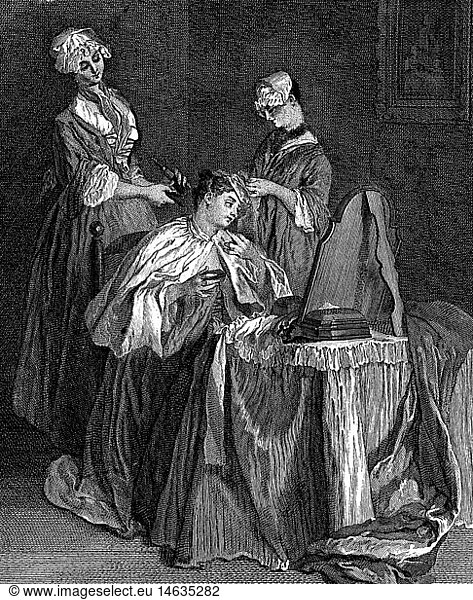 cosmetics  toilet of a lady  after painting by Nicolas Lancret (1690 - 1745)  copper engraving by M.Horthelms  18th century  18th century  graphic  graphics  beauty care  half length  sitting  sit  make-up table  dressing table  make-up tables  dressing tables  mirror  mirrors  cape  capes  hair  hair style  hairstyle  hairdo  haircut  hair styles  hairstyles  haircuts  hair care  maidservant  maidservants  make oneself up  making up  make up  Jean - Baptiste  cosmetics  cosmetic  lady  ladies  historic  historical  woman  women  female  people