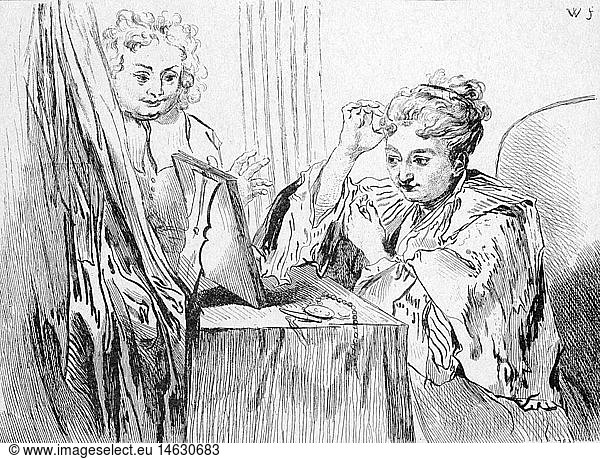 cosmetics  woman at make-up table  adjusting her hair  drawing by Antoine Watteau (1684 - 1721)  18th century  18th century  graphic  graphics  half length  sitting  sit  make-up table  dressing table  make-up tables  dressing tables  mirror  mirrors  hair  hair style  hairstyle  hairdo  haircut  hair styles  hairstyles  haircuts  curls  hair care  beauty care  cape  capes  studies  study  cosmetics  cosmetic  historic  historical  woman  women  female