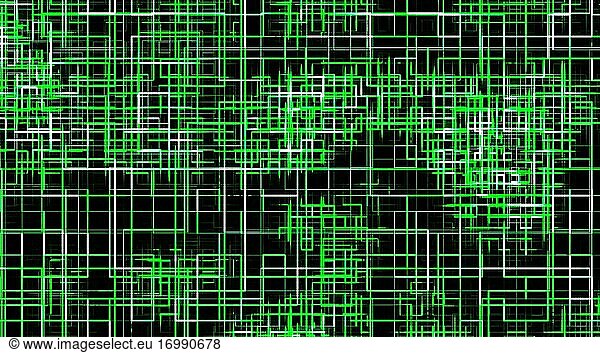 Cosmic Green Matrix like squares on Dark Background for cyber space concept 3D Illustration