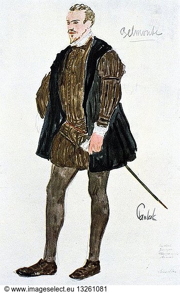 Costume design for Belmonte  c1913. Belmonte  a Spanish nobleman betrothed to Constanze  a Spanish lady  who is held captive by Pasha Selim. 'Die Entfuhrung aus dem Serail' ('The Abduction from the Seraglio')  comic opera in three acts by Wolfgang Amadeus Mozart (1756-1791)  first performed at the Burghtheater  Vienna  July 16 1782. Libretto by Gottlieb Stephanie the younger (1741-1800) after the play by Bretzner. Design for a c1913 production at the Paris Opera.