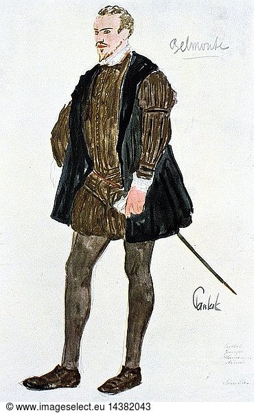 Costume design for Belmonte  c1913. Belmonte  a Spanish nobleman betrothed to Constanze  a Spanish lady  who is held captive by Pasha Selim. "Die Entfuhrung aus dem Serail" ("The Abduction from the Seraglio")  comic opera in three acts by Wolfgang Amadeus Mozart (1756-1791)  first performed at the Burghtheater  Vienna  July 16 1782. Libretto by Gottlieb Stephanie the younger (1741-1800) after the play by Bretzner. Design for a c1913 production at the Paris Opera.