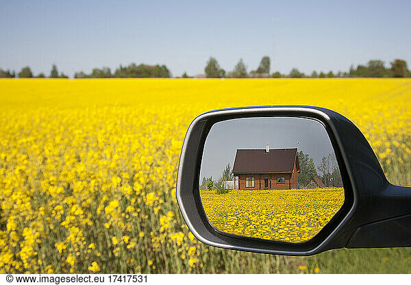 Cottage and oil seed rape flowering  view in car's side wing mirror.