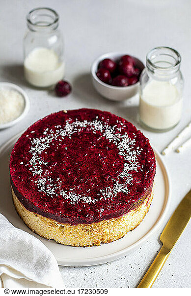 Cottage cheese pudding cake with cherries