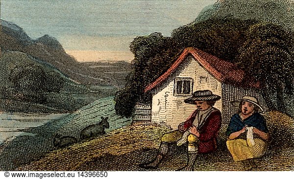 Cottagers in North Wales knitting. All the family  male and female  would spend as much time as possible knitting stockings from the wool of local sheep. The stockings would be sold at the town of Bala  Snowdonia  Wales. From "Scenes in England" by the Rev. Isaac Taylor  London  1822. Hand-coloured engraving.