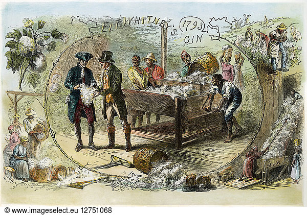 COTTON GIN  1793. Eli Whitney's first cotton gin  1793. Engraving  19th century.