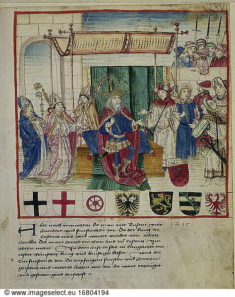 Council of Constance  5. Nov. 1414 – 22. April 1418.King Sigismund (since 1433 Emperor) judges and enfeoffs the princes.Illumination  c. 1450. Illustration to:Diebold Schilling  Official Chronicle.Bern  Citizens’ Lib.  Mss. hist. helv.I  1  p. 333.