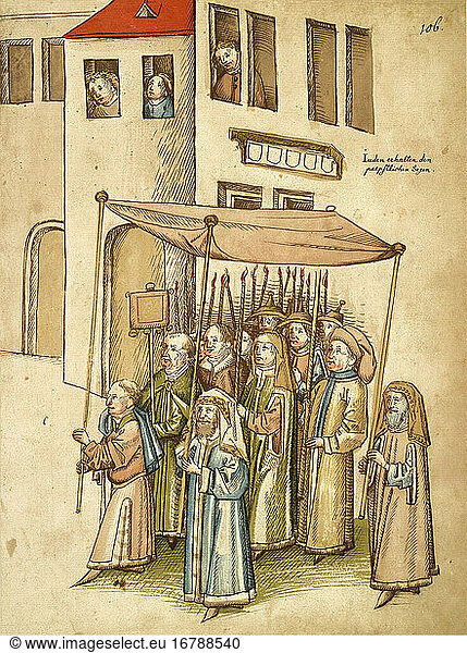 Council of Constance  1414–18  Otto Colonna elected to become pope Martin V. 11. November 1417.Jews go to meet the Pope to get confirmation of their privileges.Illumination  2nd half C15.Illustration to: Council Chronicle by Ulrich von Riechental.Ms. 1  fol. 106 r Konstanz  Rosgartenmuseum.