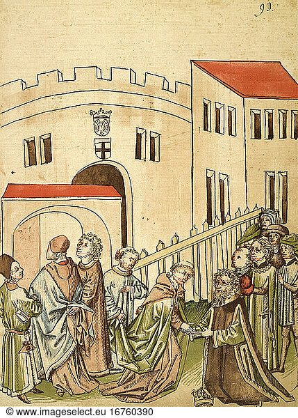 Council of Constance 1414–18 / Otto Colonna elected to become Pope Martin V11. November 1417.The Pope electors bid good-bye to King Sigismund.Illumination  2nd half C15.Illustration to: Council Chronicles by Ulrich von Riechental. Ms. 1  fol. 93 v.Konstanz  Rosgartenmuseum.