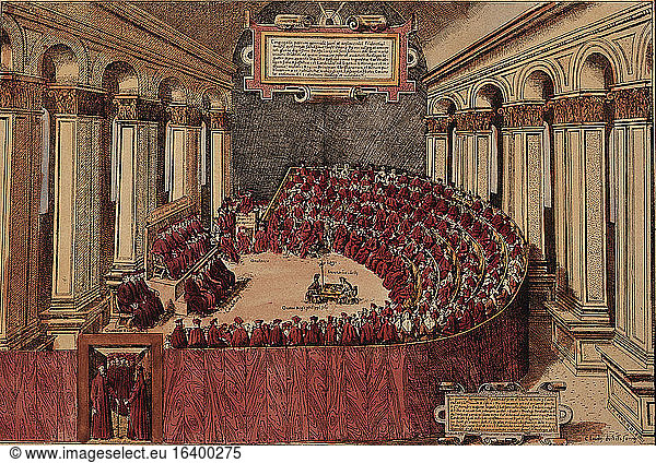 Council of Trent  1545–1563.Meeting of the synod at the cathedral of Trent.Copper engraving  1565  by Claudy.
