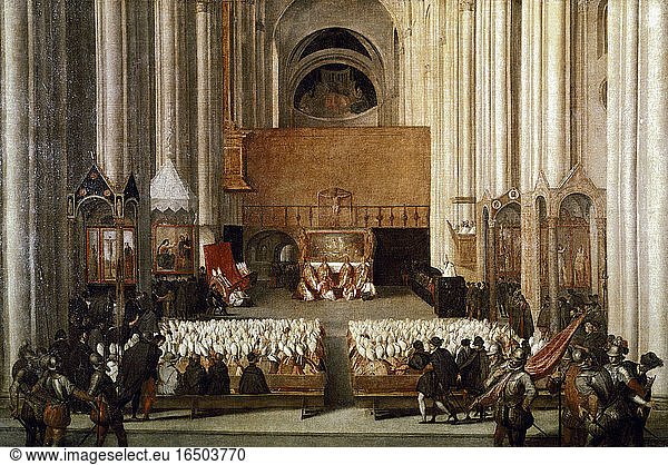 Council of Trent  1545–1563.“The Council of Trent .(Depiction of the 23rd meeting of the Council of Trent at the cathedral S.Vigilio  15 July 1563).Painting  Venice  second part of the16th century previously attributed to Tizian (c. 1476 – 1576).Oil on canvas  117 × 176cm.Paris  Musée du Louvre.