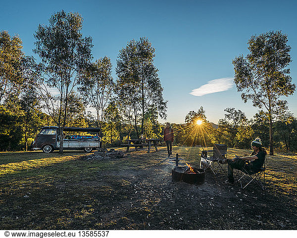 Couple camping in idyllic field  Blue Mountains  Australia
