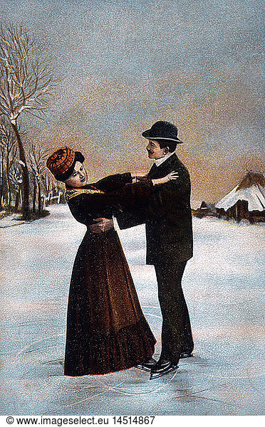 Couple Ice Skating  Lithograph  1907