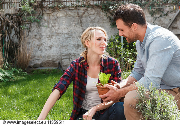 Couple in garden tending to plants