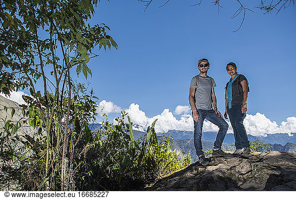 Couple on the Inca Trail path close to Machu Picchu