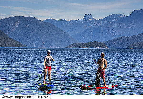 Couple paddleboarding in Desolation Sound  British Columbia  Canada
