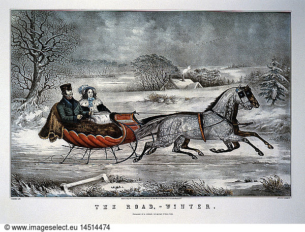 Couple Riding in Horse Drawn Sleigh  The Road  Winter  Currier & Ives  Lithograph  1853