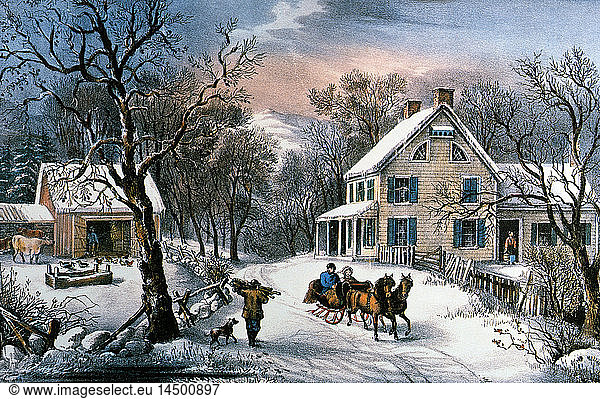 Couple Riding on Sled  American Homestead  Winter  Currier & Ives  Lithograph  1868