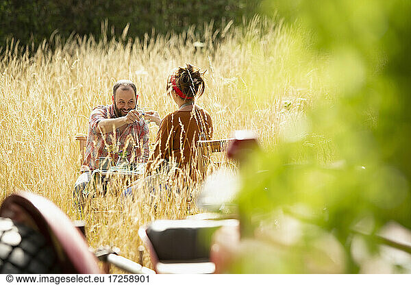 Couple toasting water glasses in sunny tall grass behind tractor
