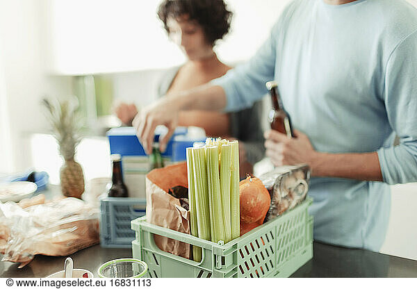Couple unloading groceries from crates at kitchen counter