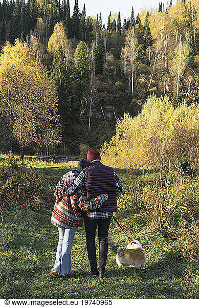 Couple walking Pembroke welsh corgi in park on weekend