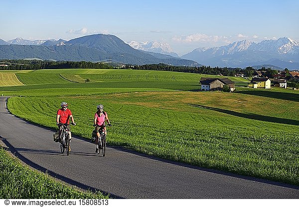 Couple with electric bikes at Sulzberg  Obertrum  in the background the Berchtesgaden Alps and the Dachstein Mountains  Salzburg Lakeland  Salzburger Land  Austria  Europe