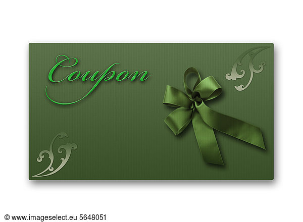 Coupon card with green ribbon against white background  close up