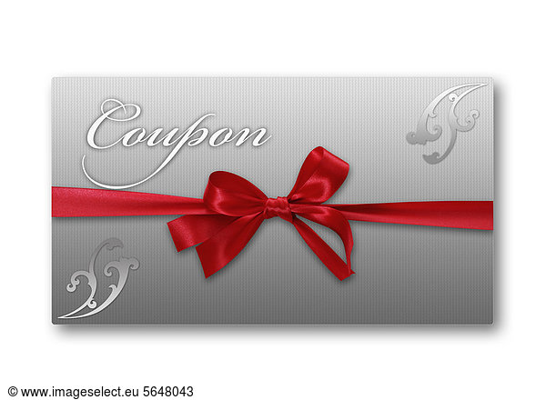 Coupon card with red ribbon against white background  close up