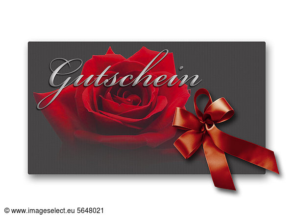 Coupon card with red ribbon and rose against white background  close up