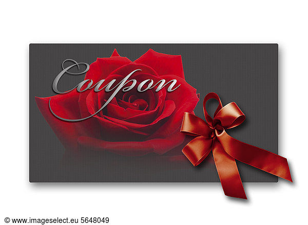 Coupon card with red rose and ribbon against white background  close up