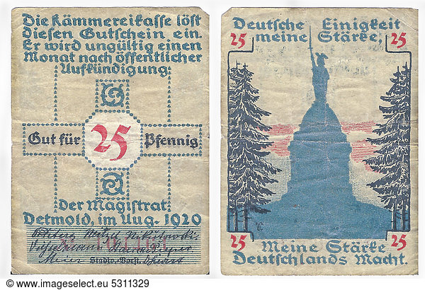 Coupon  front and back  value of 25 pfennig  from the Kaemmereikasse  Detmold  Germany  circa 1920