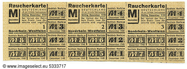 Coupon or permit to buy tobacco products  smoker's coupon  1948  North Rhine-Westphalia  American and British occupied zone of Germany  Europe