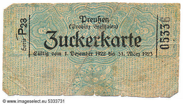 Coupon or permit to purchase sugar  sugar coupon from 1922 for Prussia  province of Westphalia  Germany  Europe