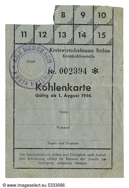 Coupon  ration card for coal  1946  Germany  Europe