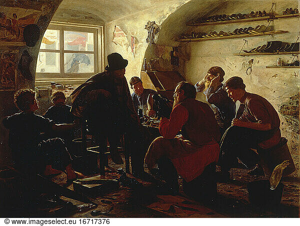 Craft and Trade:
Cobbler. “Shoemaker’s shop . Painting  1871  by J.S.Bashilov.
Oil on canvas  85.8 × 115.8cm.
Inv. no. 1765
Moscow  Tretjakov Gallery.