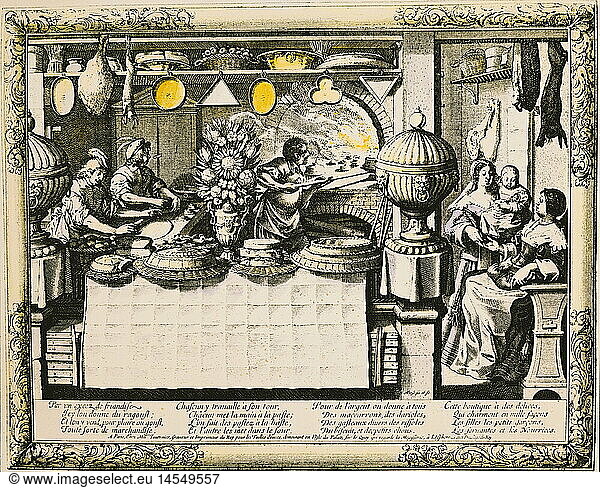 craft / handcraft  baker  pie baker  coloured copper engraving by Abraham de Bosse (1602 - 1678)  private collection  people  professions  oven  pies  food  Netherlands  17th century  historic  historical