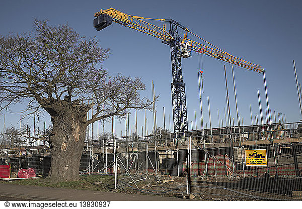 Crane on building site constructing new health center  Rendlesham  Suffolk  England