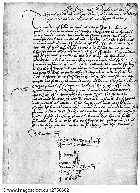 CRANMER: DECLARATION  1537. Episcopal Declaration recognizing the authority of Christian princes in ecclesiastical matters  singed by Thomas Cranmer  Archbishop of Canterbury  and seven Bishops  1537.