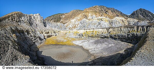 Crater with yellow discoloured sulphur stones  Caldera volcano with pumice fields  Alexandros crater  Nisyros  Dodecanese  Greece  Europe
