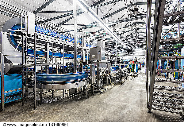 Crates of bottled mineral water on factory conveyor belt